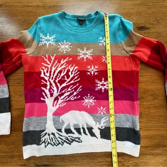 ⭐️ Talbots Striped Holiday Winter Scene Deer Crewneck Sweater MEDIUM PETITE - Picture 9 of 11